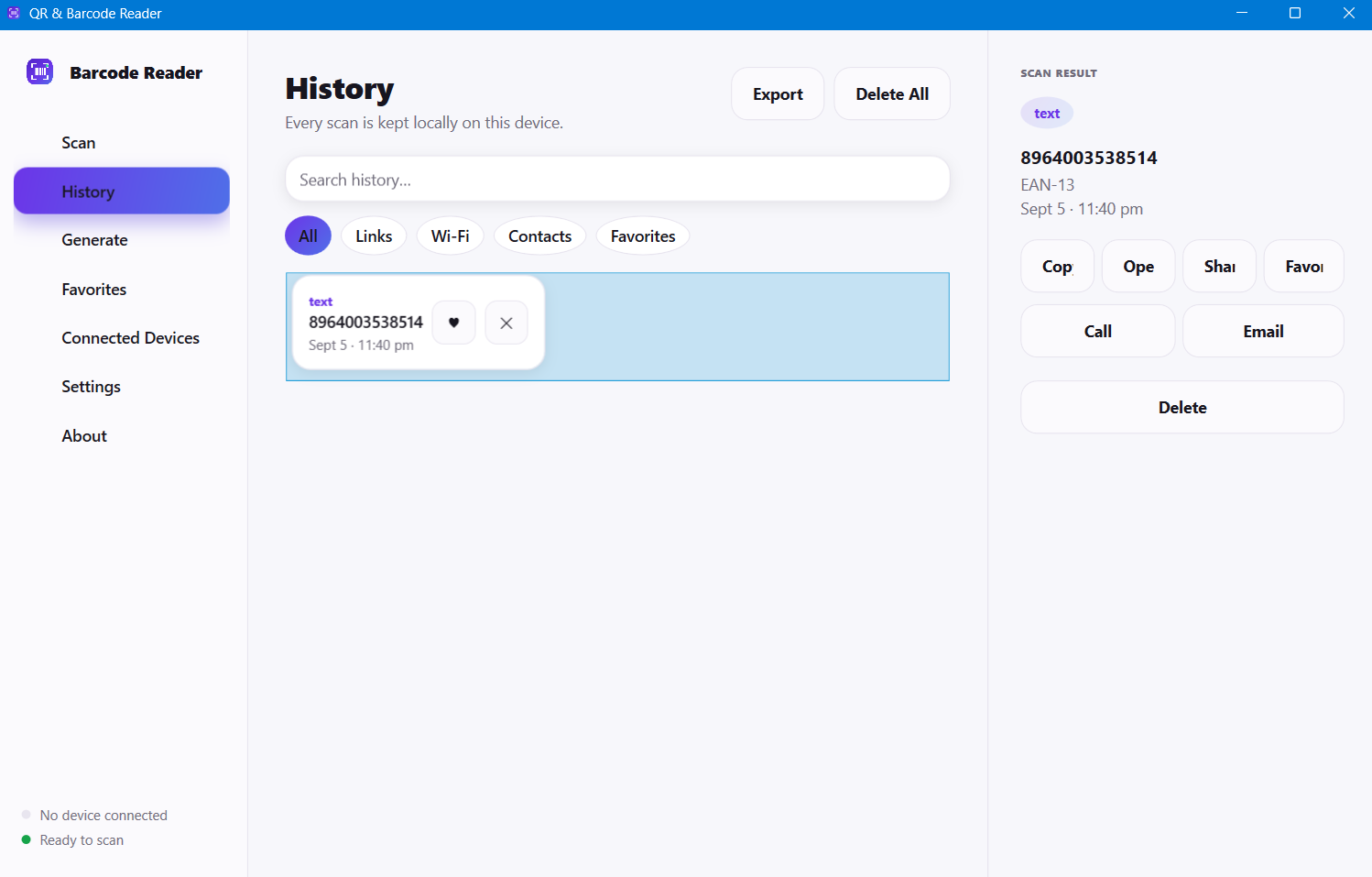 Panther Barcode Reader for Windows: the scan history view with a result detail panel
